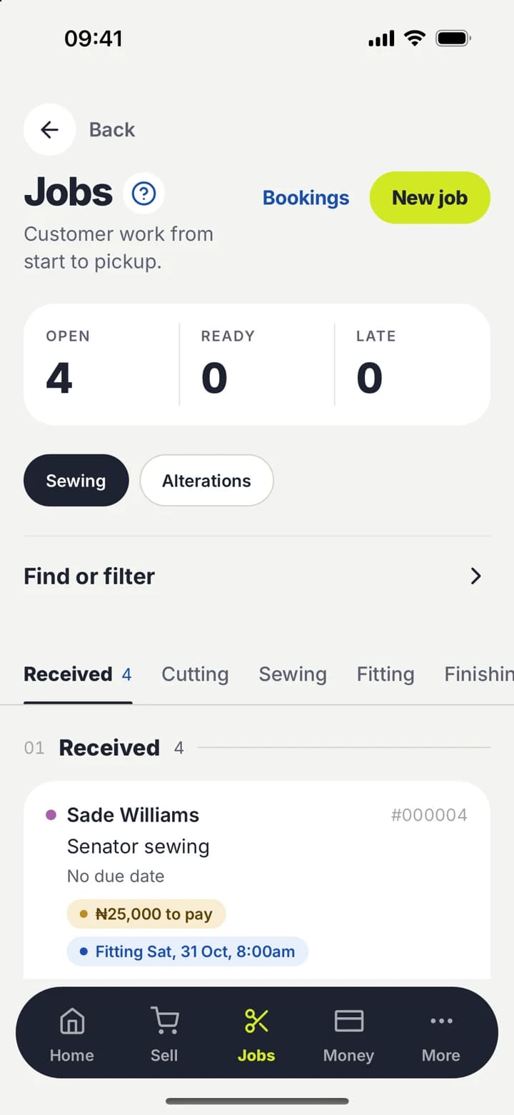 Antly One jobs screen with customer orders moving from received to finishing