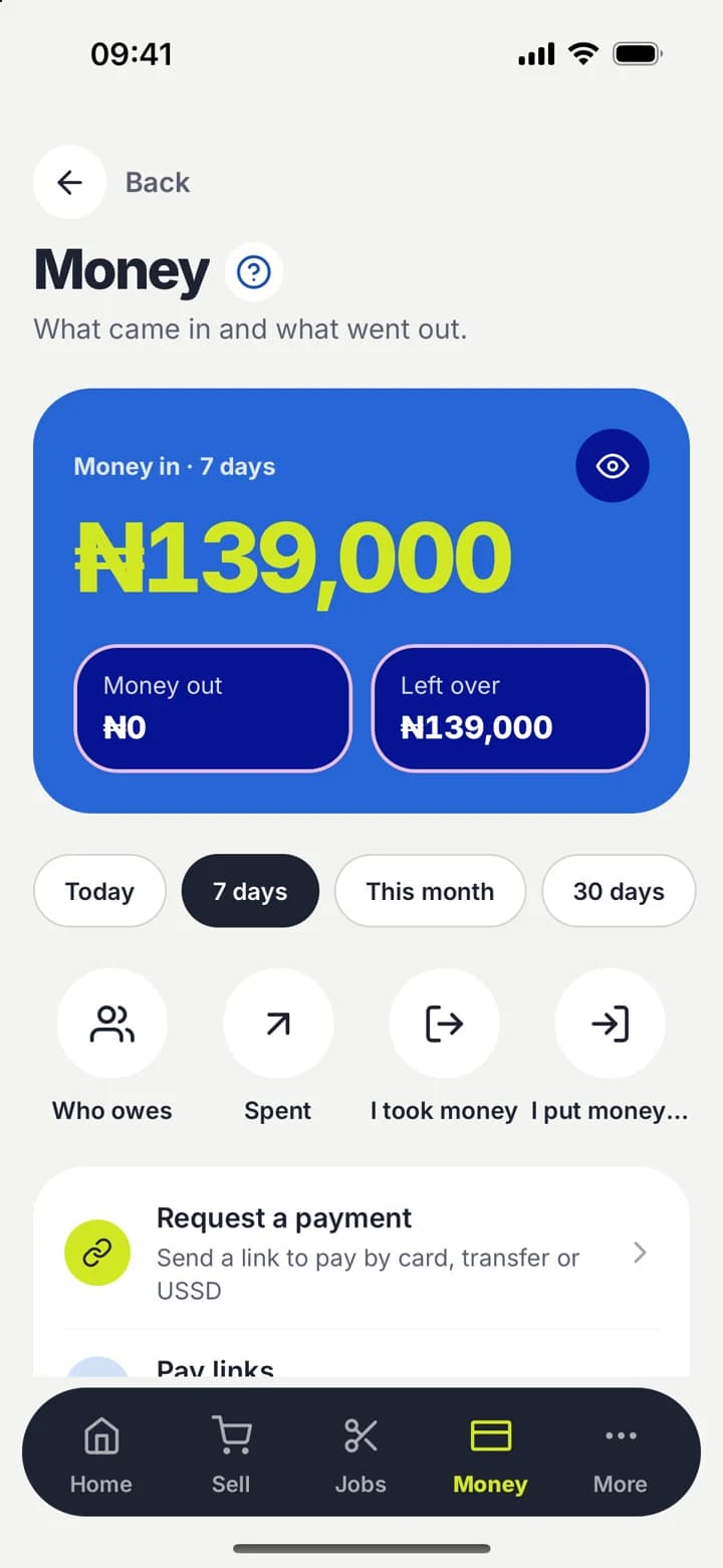 Antly One money screen with money in, money out and payment links